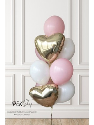 Pekshop Gold Kalp Pembe ve Beyaz Lateks Balonlar Balon Demeti SET245