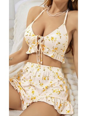 Renklime Kadın Çiçekli Ekru Askılı Şortlu Pijama Takım 5017