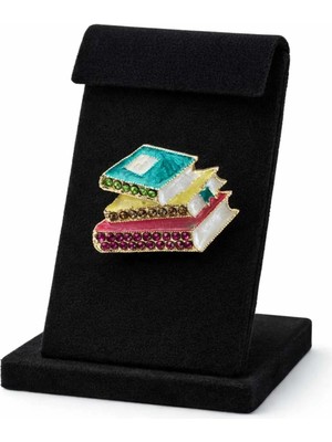 Taşlı Gold Detay Kitap Figürlü Broş