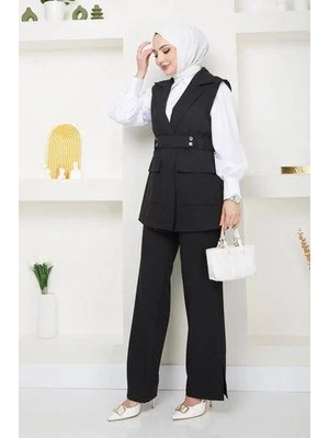 Tesettür Diyarı Kemerli Yelekli Ikili Tesettür Takım- Siyah