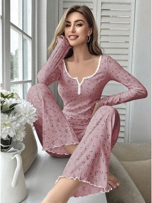 Datatek Kadın Çiçek Desenli Yumuşak Pamuklu Uzun Pijama Takımı 5132
