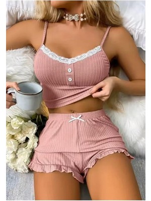 Datatek Kadın Pudra Dantel Detaylı Şortlu Gecelik Pijama Takımı 5015