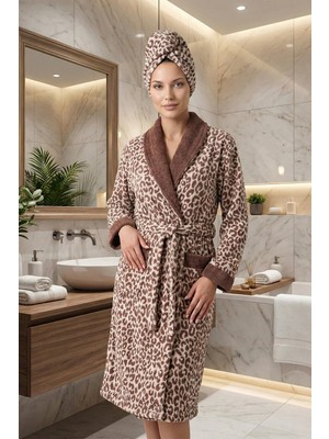 2'li Bornoz Seti (1 Adet Bornoz, 1 Adet El-Saç 50X90 Havlu) - Premium Leopar Desenli Set, %100 Pamuk