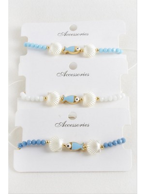 Zero Land Storozde Balık Istiridye Inci Kristal Makrome Ip Bileklik - Mavi