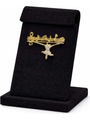 Kedi Figürlü Müzik Temalı Gold Broş