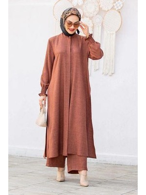 Tesettür Diyarı Keten Uzun Tunikli Pantolonlu Takım Kahverengi
