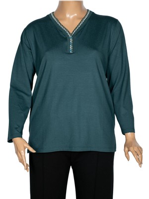 Pıtırcık Cimariva Kadın Öykü Büyük Beden V Yakası Triko Detaylı Petrol Bluz