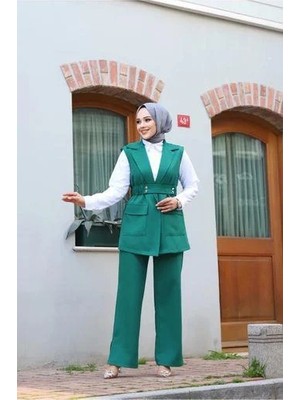 Tesettür Diyarı Kemerli Yelekli Ikili Tesettür Takım- Zümrüt
