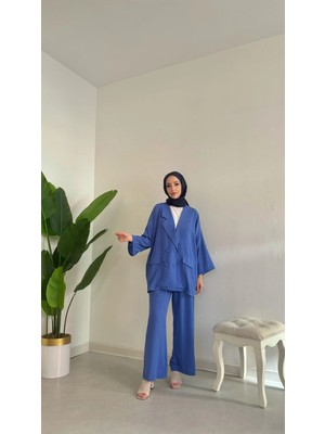 Tesettür Diyarı Sandart Beden Keten Ceket Pantolon Takım-Mavi