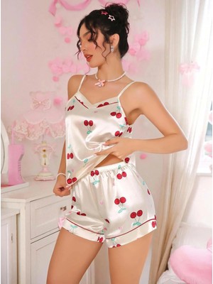 Renklime Kadın Ekru Kiraz Desenli Saten Şort Pijama Takımı 2226