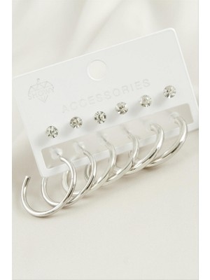 Zero Land Storozde 12 Adet Ezme Boru Taşlı Halka Küpe - Gümüş Rengi