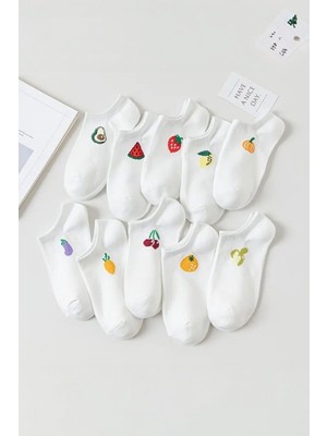 Hitit Socks Kadın 10 Çift Hayvan ve Meyve Desenli Yüksek Pamuklu Görünmez Babet Çorap