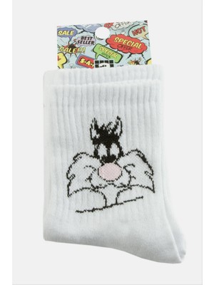 Zero Land Storozde Kedi Kolej Çorap 8*28 - Beyaz