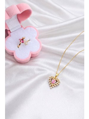 Gözde Aksesuarım Inci Detaylı Kalp Kolye Ile Yüzük Seti Çelik