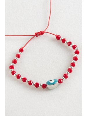 Zero Land Storozde Oval Nazar Kristal Makrome Ip Bileklik 1 cm - Kırmızı