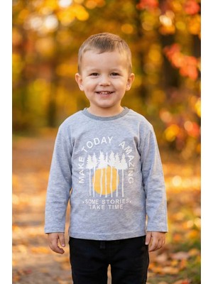 Luess Erkek Çocuk %100 Pamuk Baskılı Uzun Kollu Tişört - Gri Melanj (3-4 Yaş 8-9 Yaş)