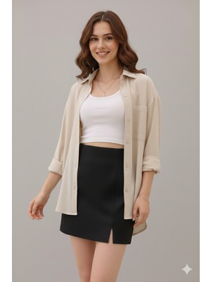 Sibel Günay Butik Siyah Mini Yırtmaç Detaylı Kumaş Etek