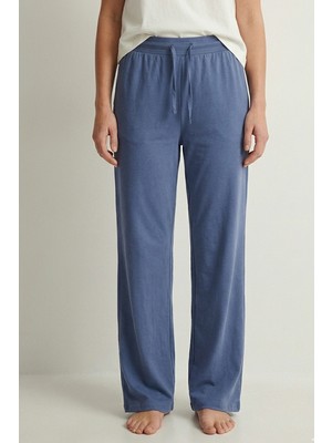 Elemge %100 Pamuk Süprem Kadın Pijama Altı Rahat Kalıp Compact Penye Indigo Geniş Paça Ipli Terletmez Alt