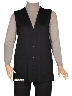 Hermevsim Hesna Kadın Buğra Cepli 4 Düğmeli Yanı Yırtmaçlı Siyah Yelek