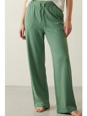 Elemge %100 Pamuk Süprem Kadın Pijama Altı Rahat Kalıp Compact Penye Yeşil Geniş Paça Ipli Terletmez Alt