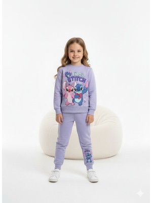 Cg Kids Stitch Temalı Simli Baskı 2 Iplik Kız Çocuk Alt Üst Sweatshirt Eşofman Takım
