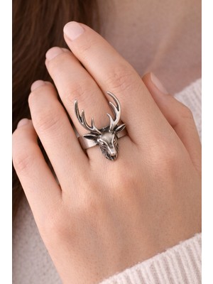 Herşey Nota Geyik Başlı Figürlü Ayarlanabilir Gümüş Renk Yüzük – 3D Detaylı Statement Model