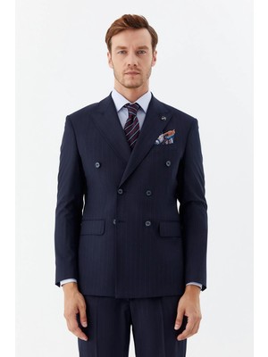 Sabri Özel Erkek Lacivert Dar Kesim Slim Fit Yünlü Dokuma 6 Drop Takım Elbise