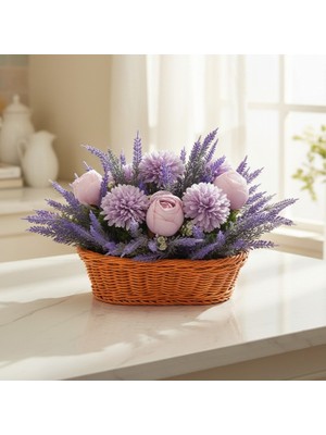 Neşeli Çiçekler Lavanta Sepeti Yapay Çiçekler 30X20 cm Özel Tasarım Hasır Sepette Ev Süsleri Masa Mutfak Dekorasyonu