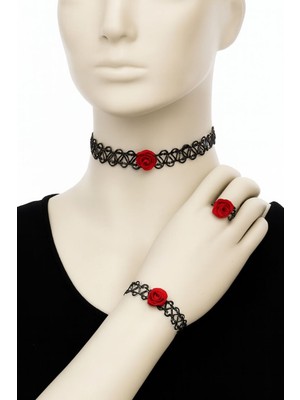 Shiklik 3'lü Esnek Siyah Kauçuk Çiçek Model Dantel Tasarımı Kadın Takı Seti