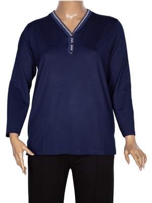 Pıtırcık Cimariva Kadın Öykü Büyük Beden V Yakası Triko Detaylı Lacivert Bluz
