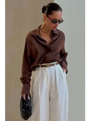 Madmext Kahverengi Gizli Düğmeli Şık Kadın Saten Gömlek MG2675