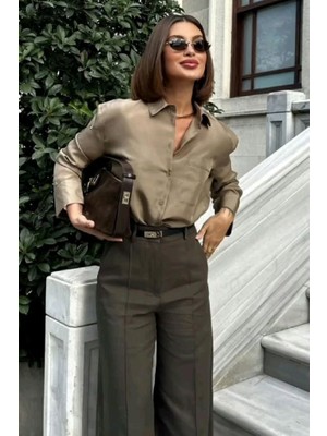 Madmext Camel Gizli Düğmeli Şık Kadın Saten Gömlek MG2675