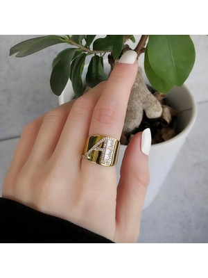 Necati Gün A Harfi Baget Taşlı Gold  Kaplama Gümüş Yüzük