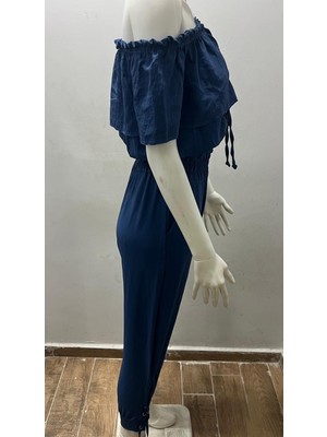 Aslami Tekstil Lacivert Kadın Kapalı Omuz Bağcıklı Fırfırlı Crop Bluz Şalvar Ikili Takım - %95 Pamuk Günlük Set