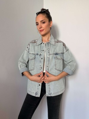 Etnik Nakış Detaylı Denim Ceket