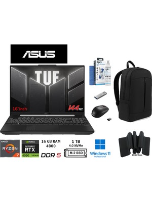 Asus tuf Gaming A16 FA607NUG-RL211 6gb RTX4050 140W Amd Ryzen 7 7445HS 16GB Ram 1tb SSD 16 Inç Fhd+ 144Hz W11 Pro Duddi Çanta+Mouse+Mousepad+Usbbellek+Temizlikkit