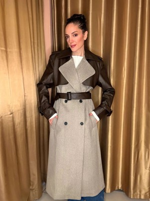 Kahve Solna Deri Detaylı Premium Uzun Kaban