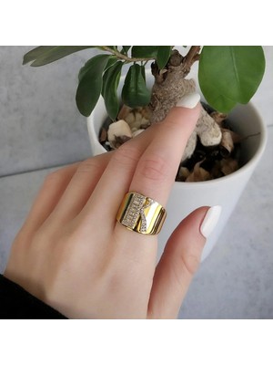 Necati Gün K Harfi Baget Taşlı Gold Kaplama Gümüş Yüzük