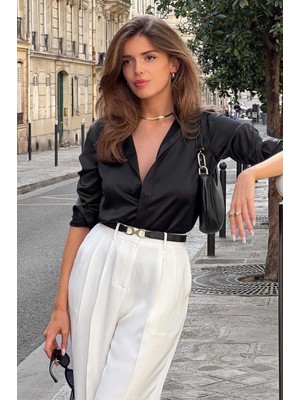 Madmext Siyah  Gizli Düğmeli Şık Kadın Saten Gömlek MG2675