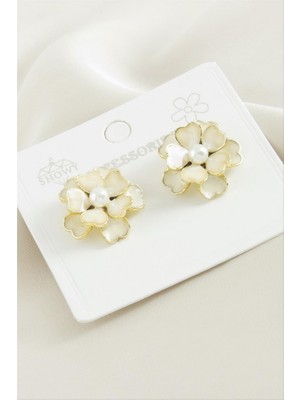 Zero Land Storozde Gül Çiçek Inci Mineli Küpe - Gümüş Rengi