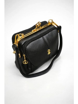 Vieso Kadın Klipsli 4 Gözlü Yumuşak Siyah Deri El, Omuz ve Çapraz Çanta (18CMX26CM)