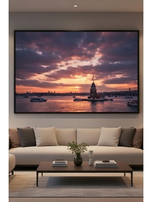 Safir Design Kız Kulesi ve Istanbul Boğazı Manzaralı Gün Batımı Temalı Çerçeveli Tablo