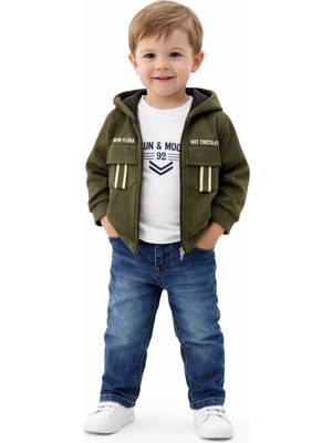 Bubiee Baby Erkek Çocuk 3'lü Takım -Haki Kapüşonlu Süet Ceket ,uzun Kolu Sweatshirt ve Jean Pantolon Kombin