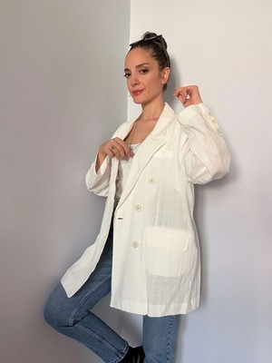 Ekru Oversize Keten Ceket