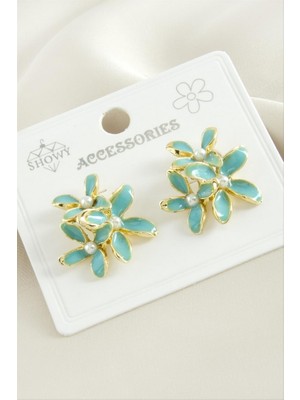 Zero Land Storozde Çiçek Mineli Küpe - Turkuaz