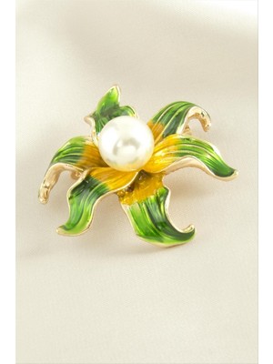 Zero Land Storozde Çiçek Mineli Inci Broş - Gümüş Rengi