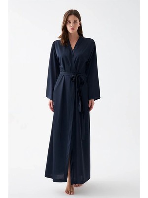 İlkyaz Fashion Kadın Uzun Lacivert Saten Sabahlık
