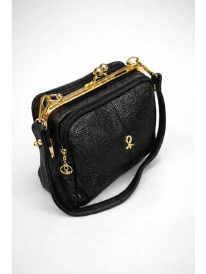 Vieso Kadın Klipsli 4 Gözlü Yumuşak Siyah Pullu Deri El, Omuz ve Çapraz Çanta (18CMX26CM)