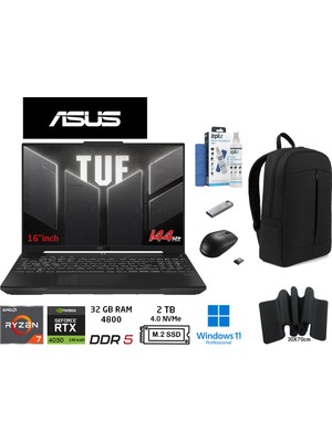 Asus tuf Gaming A16 FA607NUG-RL211 6gb RTX4050 140W Amd Ryzen 7 7445HS 32GB Ram 2tb SSD 16 Inç Fhd+ 144Hz W11 Pro Duddi Çanta+Mouse+Mousepad+Usbbellek+Temizlikkit