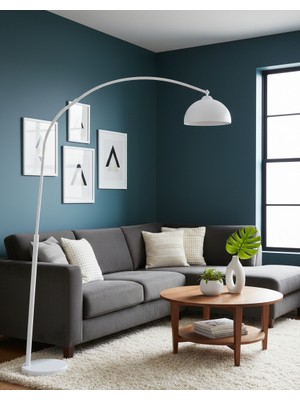 Avizade NUVİA Beyaz Metal Kavisli Lambader - Modern Salon Köşe Lambası -Minimalist Dekoratif Köşe Aydınlatma
